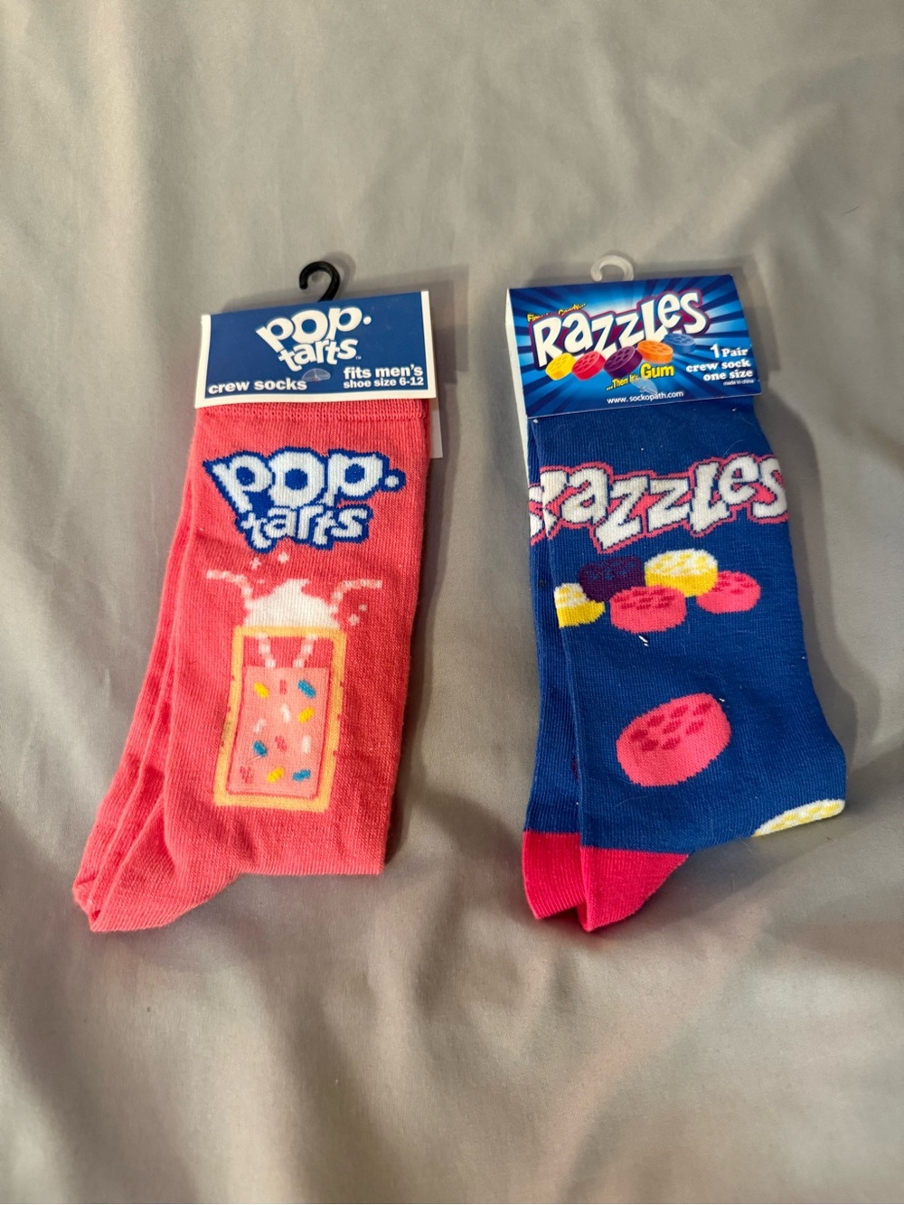 Pop Tarts and Razzels Crew Socks - Pink and Blue Graphic Logos M6-12 W8-14